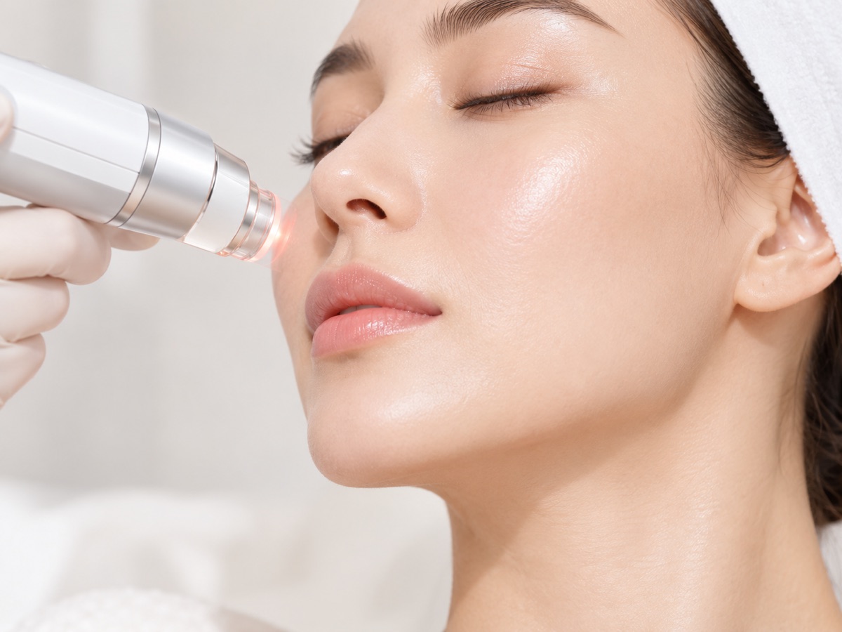 Laser handpiece being used on a client's cheek