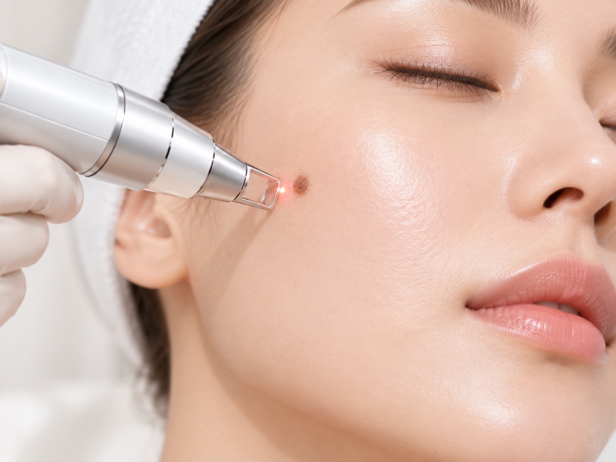 Laser device treating a mole on a client's cheek