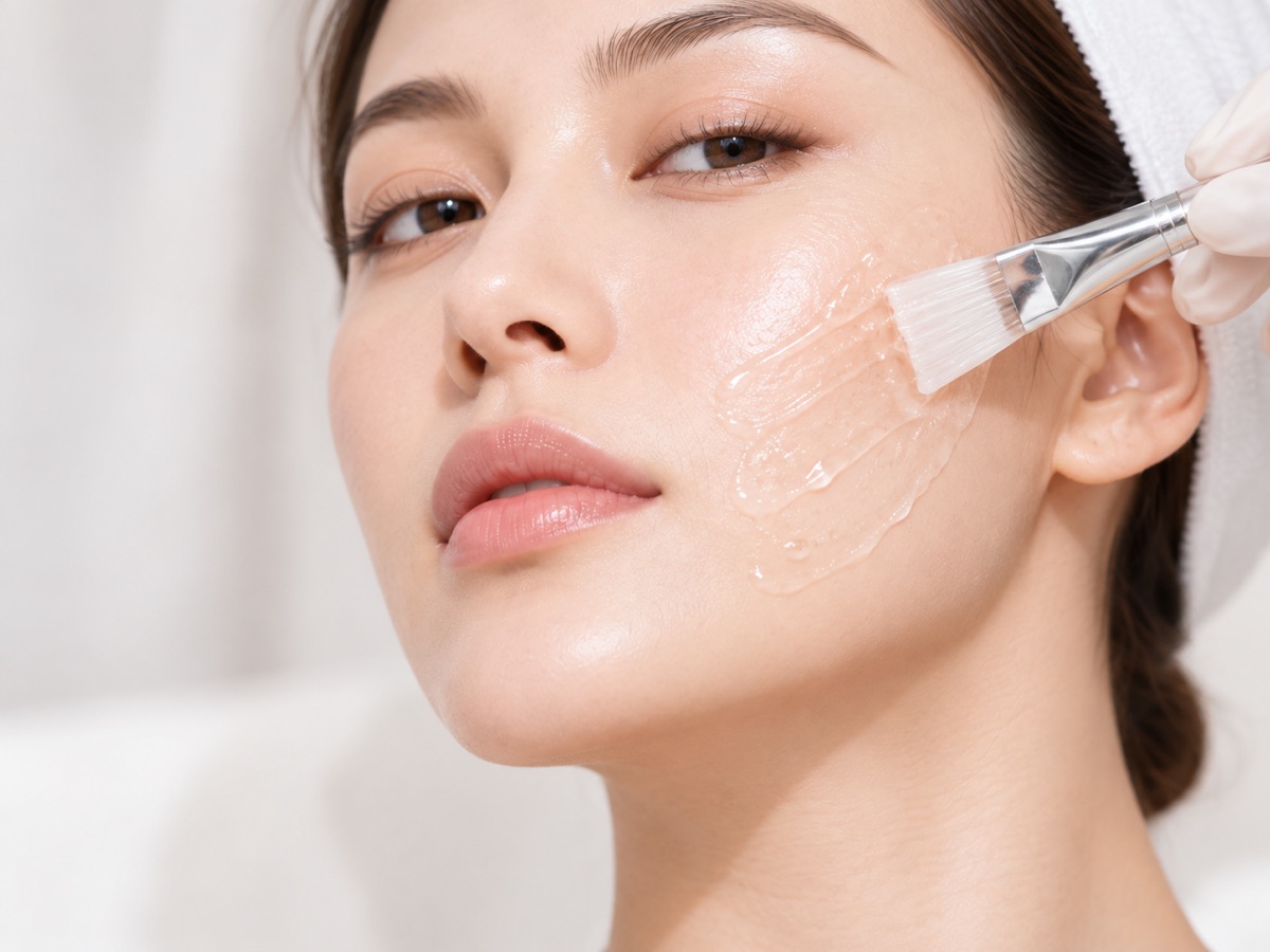Peeling gel being brushed onto a client's cheek