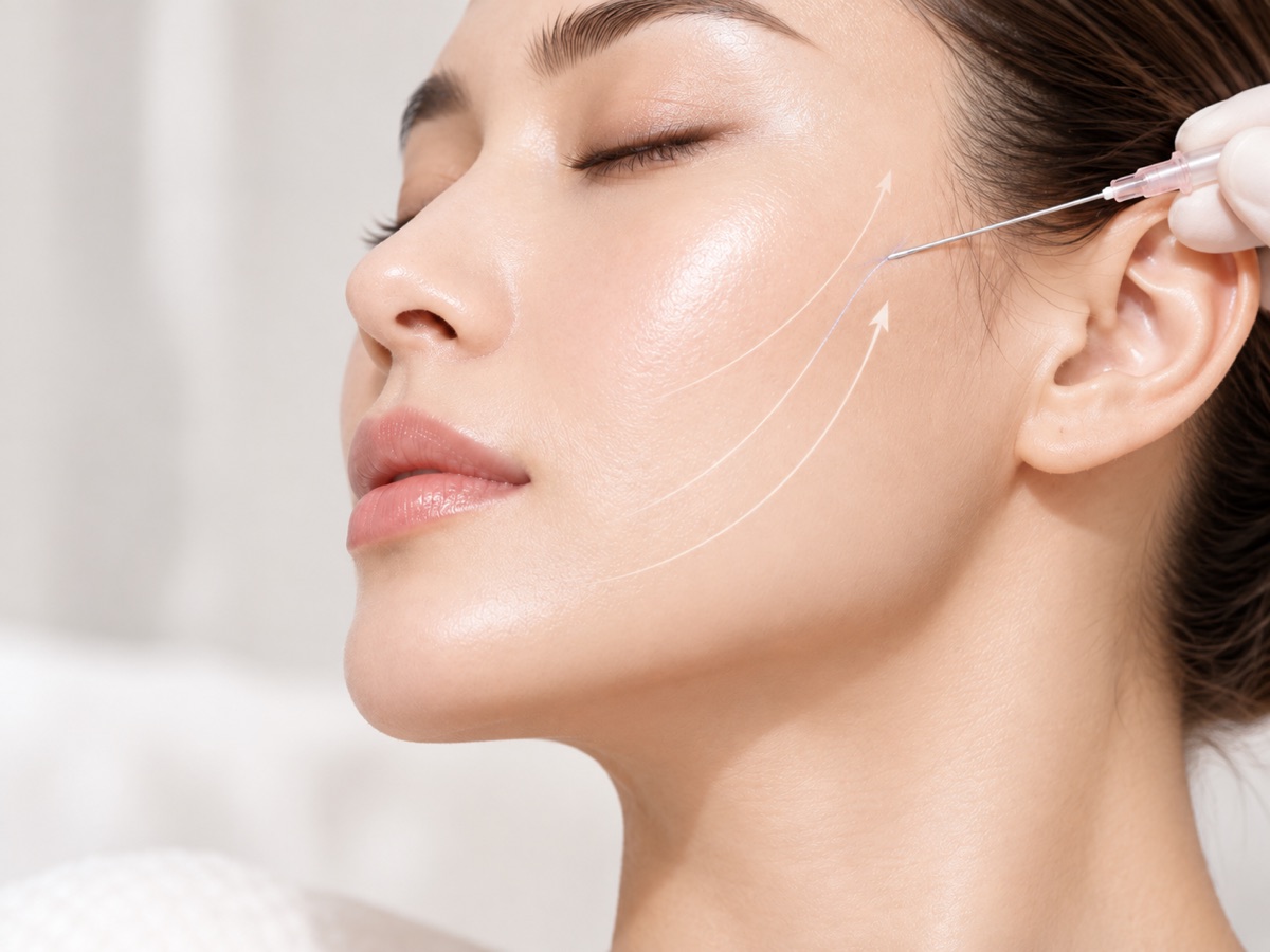 Lifting thread being placed along the cheek